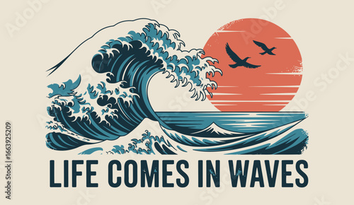This artwork beautifully captures the motion of waves crashing against the shore, with a vibrant sunset in the background and birds in flight, symbolizing life's ebb and flow.