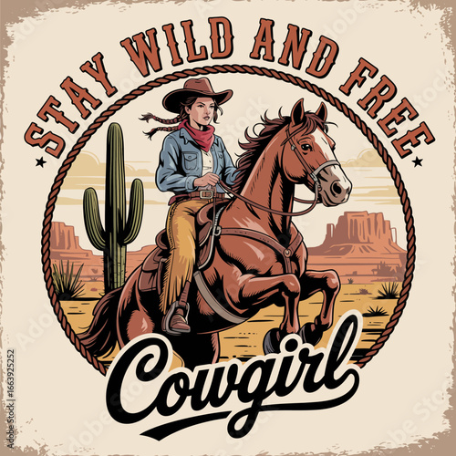 A striking illustration depicting a confident cowgirl riding a horse across a beautiful desert landscape with iconic cacti and mountains in the background, appealing to nature lovers.