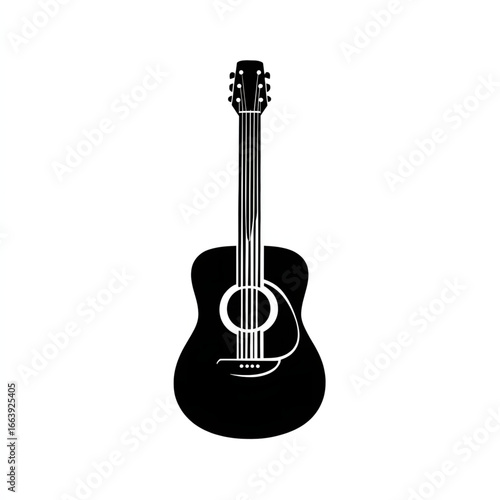 Black acoustic guitar illustration showcasing its body, neck, and strings with simple and elegant design for music lovers