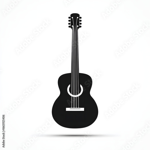 Black acoustic guitar illustration showcasing its body, neck, and strings with simple and elegant design for music lovers