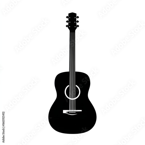 Black acoustic guitar illustration showcasing its body, neck, and strings with simple and elegant design for music lovers