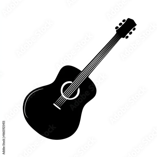Black acoustic guitar illustration showcasing its body, neck, and strings with simple and elegant design for music lovers