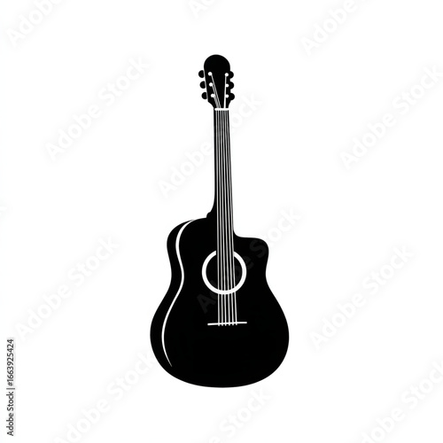 Black acoustic guitar illustration showcasing its body, neck, and strings with simple and elegant design for music lovers