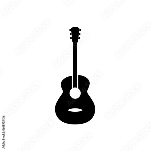 Black acoustic guitar illustration showcasing its body, neck, and strings with simple and elegant design for music lovers
