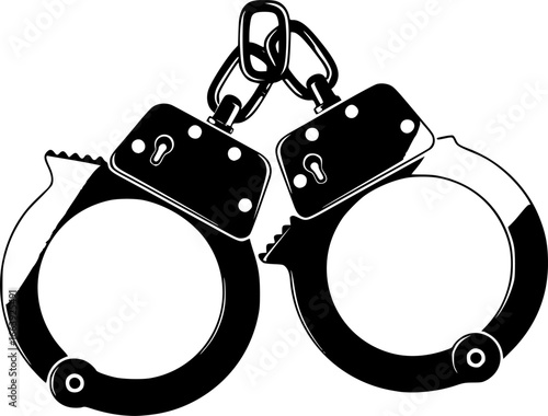 Two steel handcuffs closed on a white background representing law enforcement