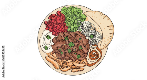 Artistic rendition of a gyros plate: A delectable spread with diverse components beautifully laid out on a dish ready to savor