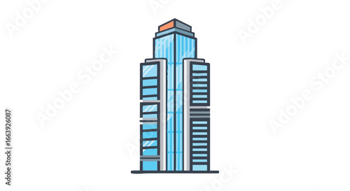 Architectural Illustration of Modern High-Rise Building with Blue Glass Facade and Rectangular Geometric Design, Simple Architectural Outline