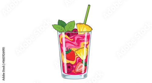 Vibrant Fruit Infusion in Glass: A Refreshing Summer Beverage with Strawberries and Pineapple, Perfect for a Hot Day offering a visual burst of