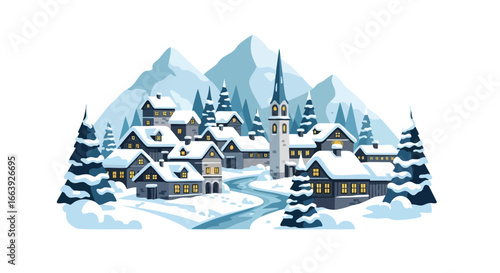Idyllic winter wonderland scene of a snow-covered village nestled in the mountains offers a serene and peaceful atmosphere, perfect for holiday