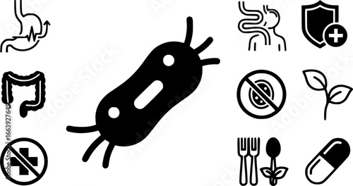  Lactobacilli icons set. Maintaining good digestive health with probiotics, enhancing immunity, and preventing infections with healthy food and medicine