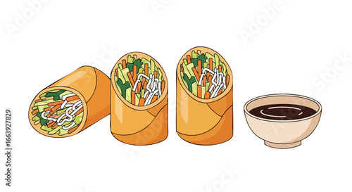 Hand-drawn illustration of delicious spring rolls served with savory dipping sauce offering a light and appetizing culinary experience