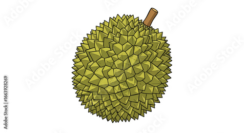 Illustration of a Durian with Spiky Exterior and Brown Stem, Set Against a Pure White Background Ready for Integration into Design Projects