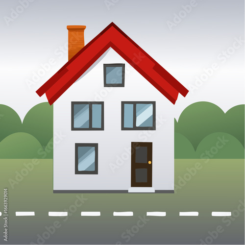 A charming white house with a red roof sits on a paved road with a backdrop of green trees and a grey sky