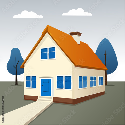 Charming Suburban Home with Orange Roof and Blue Door, set against a tranquil backdrop of trees and clouds