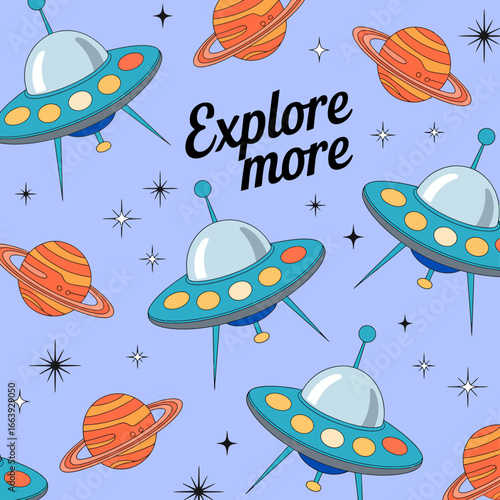A playful pattern showcasing colorful UFOs and planets, symbolizing the spirit of exploration and adventure in a whimsical outer space setting.