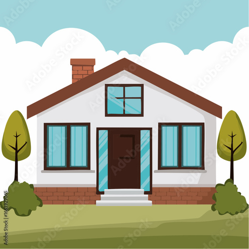 A charming vector illustration of a two-story house with trees and a grassy lawn under a cloudy sky
