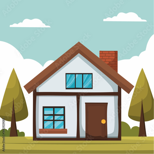 Delightful Cartoon Home Illustration Featuring a Small House with Brown Roof, Green Trees, and Clear Blue Sky, Capturing Quaint Residential Charm