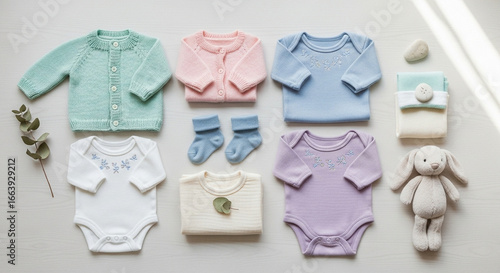 An assortment of baby clothing items, including bodysuits, sweaters, socks, and hats, arranged neatly on a plain , showcasing various pastel colors.