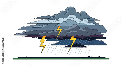 Stylized illustration of a powerful thunderstorm featuring dramatic clouds, lightning bolts, and heavy rainfall, conveying a sense of turbulent