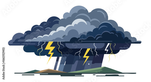 Stylized depiction of a severe thunderstorm featuring dramatic lightning strikes, rain, and moody sky over landscape view in vector format