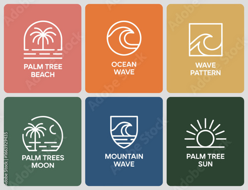 This graphic showcases a series of minimalist icons representing various beach elements like palm trees, ocean waves, and sunsets, appealing to lovers of coastal aesthetics.