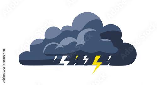 Dramatic weather with dark storm cloud, illustration of a thunderstorm showing lightning strikes and a heavy overcast sky creating an atmosphere of