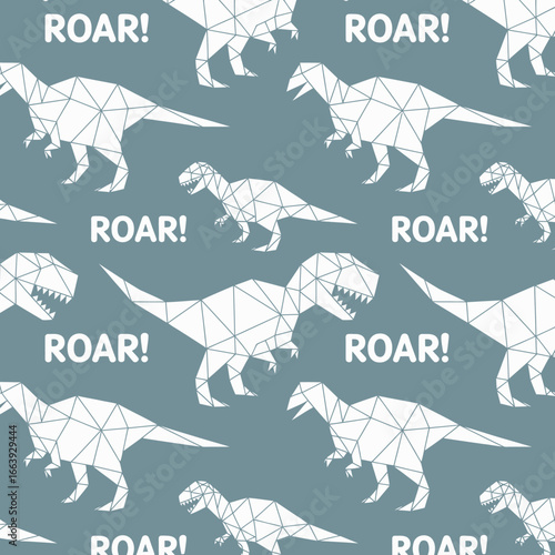 This image showcases a unique geometric design featuring various dinosaurs and the playful text 'ROAR!' in a repeating pattern, perfect for children's decor or apparel.