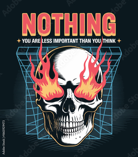 This bold skull design features striking visuals, flames, and impactful text, making it a powerful piece that intertwines art with themes of self-awareness and humanity.
