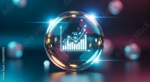 Predictive analytics and forecasting concept. A holographic crystal ball showing a future growth chart inside, symbolizing data-driven prediction.