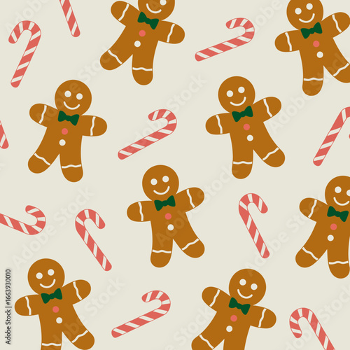 A delightful festive pattern featuring gingerbread cookies and candy canes, ideal for creating a cozy, cheerful holiday atmosphere in any festive decoration or design.