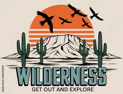 An artistic depiction focused on wilderness exploration, featuring mountains, cacti, and flying birds, capturing the essence of adventure and the beauty of nature’s expanses.