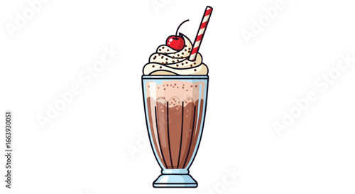 Delightful Hand-Drawn Chocolate Milkshake with Cherry and Striped Straw Illustration on White Background