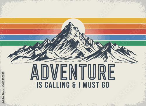 This charming artwork features a scenic mountain view in a retro color palette, epitomizing adventure and calling forth memories of exploration in nature's great outdoors.