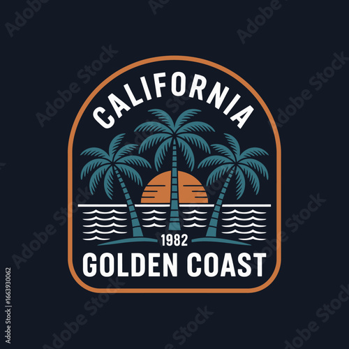 This colorful representation of palm trees against a sunset designs encapsulates the essence of California's vibrant culture and the joyous experience of beach life.