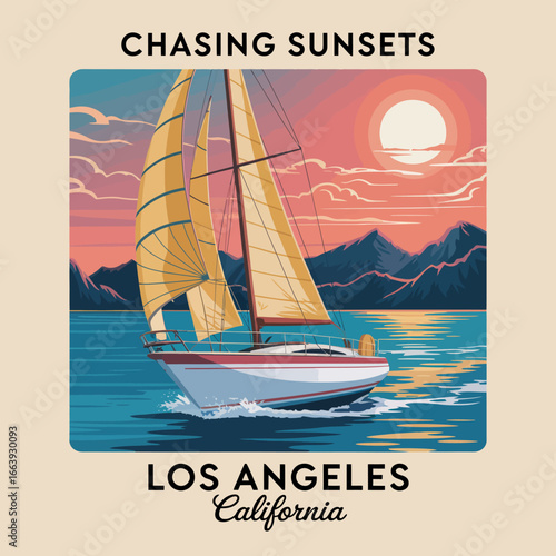 This artistic portrayal showcases a sailboat gracefully sailing towards a breathtaking sunset, embodying freedom and tranquility in the beautiful waters of Los Angeles.