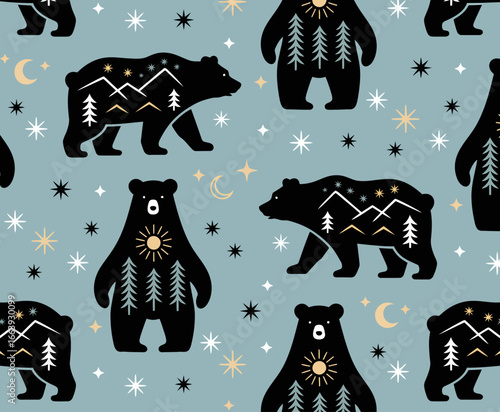 A charming illustration of bear patterns infused with whimsical forest themes, featuring vibrant trees, mountains, and stars, perfect for playful and nature-inspired projects.