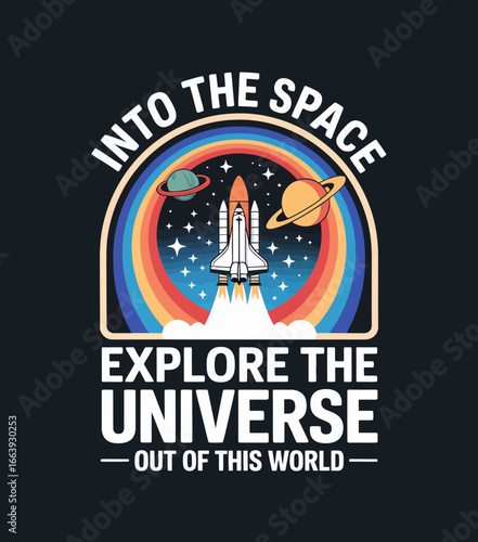 This colorful illustration depicts a shuttle navigating through a vibrant space scene filled with planets and stars, representing the thrill of space exploration and human curiosity.