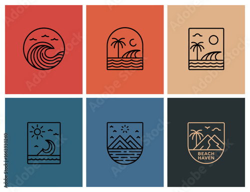 This evocative image features a collection of minimalist graphics that evoke a serene beach scene, with waves rolling in and palm trees swaying against a sunset backdrop.