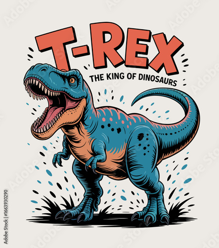 A dynamic illustration of a T-Rex dinosaur featuring eye-catching typography, ideal for merchandise, posters, and anyone fascinated by prehistoric creatures.