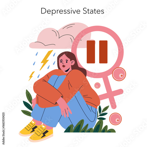 Woman in Depressive State with Symbolic Imagery