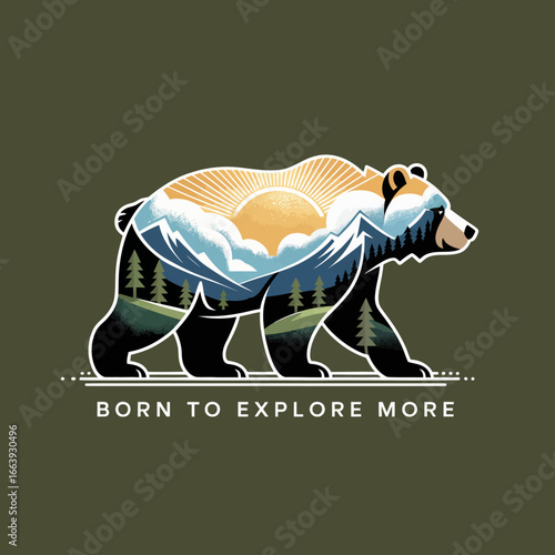 An eye-catching depiction of a bear silhouette filled with a beautiful mountain landscape, symbolizing the connection between wildlife and the great outdoors.