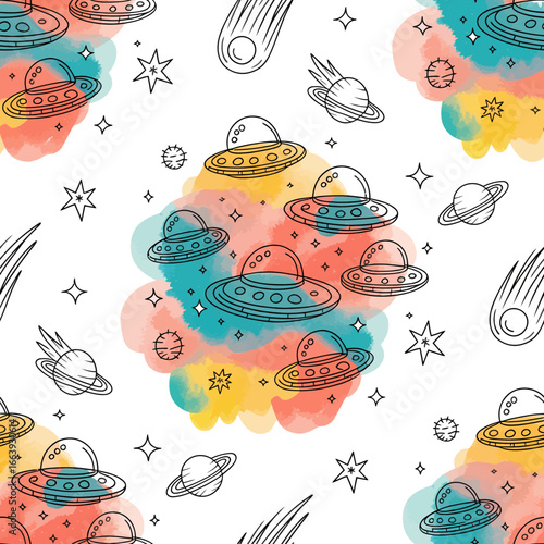 A playful pattern featuring colorful spaceships and cosmic elements against a white backdrop, evoking a sense of wonder and excitement for outer space adventures.
