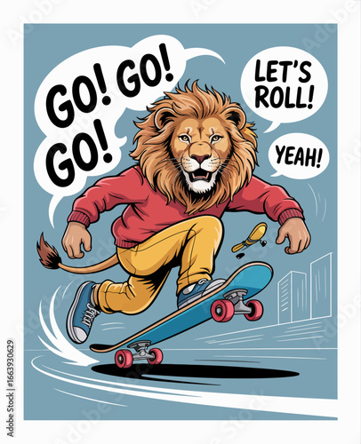 This playful illustration features a lion confidently riding a skateboard, exuding enthusiastic energy and capturing the spirit of fun and adventure in skate culture.