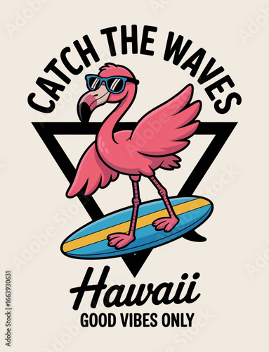 A colorful artistic representation of a stylish flamingo surfing, embracing the carefree spirit of Hawaii's beach culture, perfect for conveying summer vibes and fun adventures.