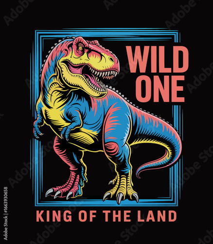 A bold illustration of a T-Rex known as 'Wild One', designed with vibrant colors that capture its lively spirit and dominance as the king of the prehistoric world, creating intrigue.