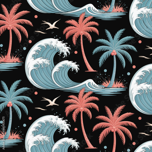 This artistic pattern combines dynamic waves and palm trees against a dark backdrop, illustrating a tropical paradise that evokes joy and relaxation.