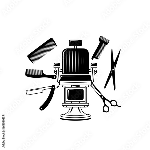 A classic illustration of a barber chair surrounded by tools.