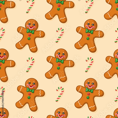 This vibrant pattern showcases smiling gingerbread cookies alongside colorful candy canes, ideal for adding warmth and cheer to any holiday-themed project or design.