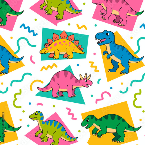 An engaging illustration features various cartoon dinosaurs framed by bright geometric shapes, perfect for children's products and conveying a sense of playfulness and adventure.