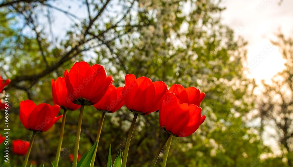 Naklejka premium Vibrant red tulips stand tall against a backdrop of blossoming trees on a sunny spring day.